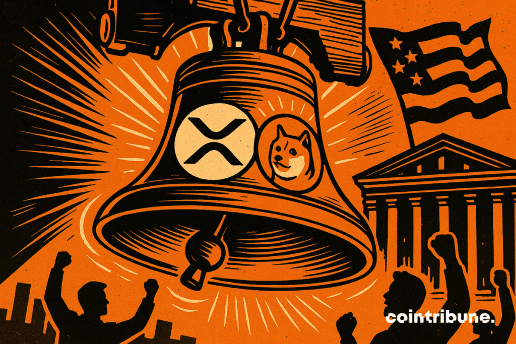 A hammer has just struck a massive Wall Street bell. Inside the bell, two symbols shine: the logos of XRP and Dogecoin. The bell echoes, and the two crypto logos vibrate — a symbol of the ETF launch.