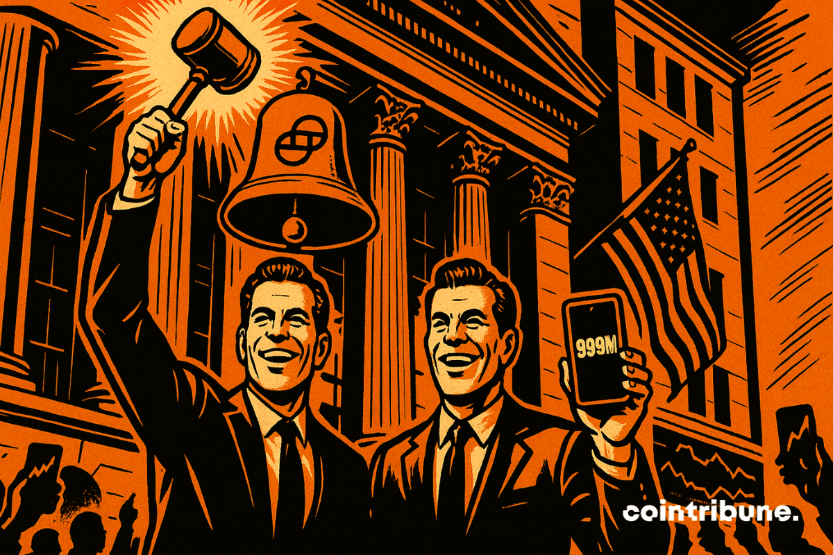 Deux hommes jumeaux, inspirés des frères Winklevoss de Gemini. L’un tient un marteau de cloche (gavel) levé bien haut, prêt à sonner le début de la cotation. L’autre a en main un portefeuille crypto affichant en chiffres lumineux un montant impressionnant.