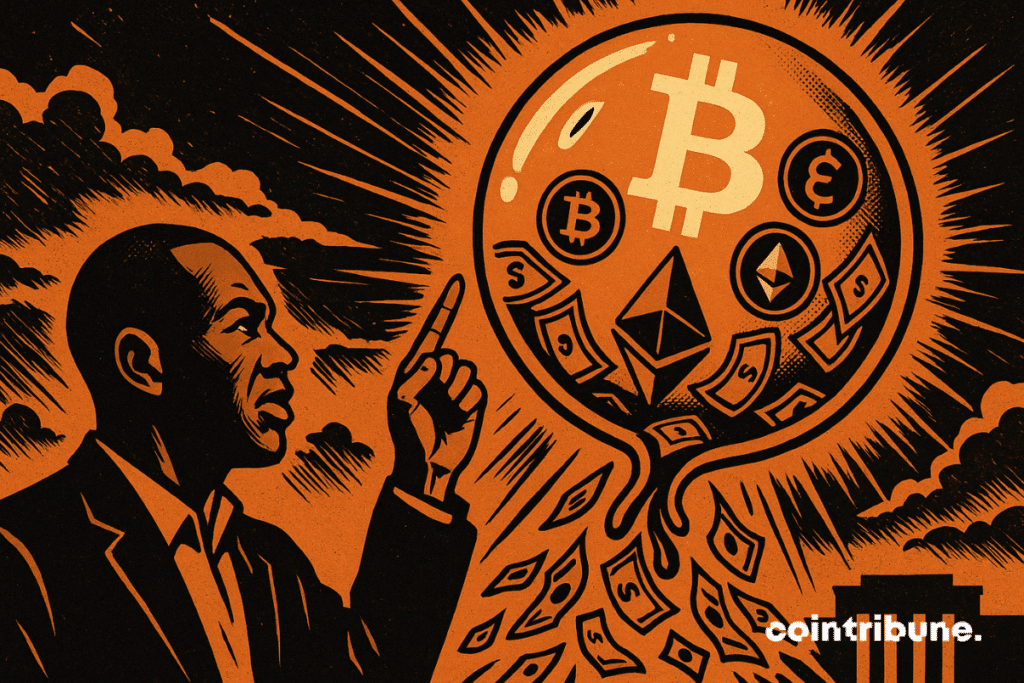 Arthur Hayes est placé au premier plan, bras levé, doigt pointé vers le ciel dans une posture de prophète ou d’avertisseur du marché crypto. Au-dessus de lui flotte une énorme bulle translucide. À l’intérieur : des logos du Bitcoin et Ethereum brillants, entourés de billets verts tourbillonnant comme s’ils gonflaient la bulle.