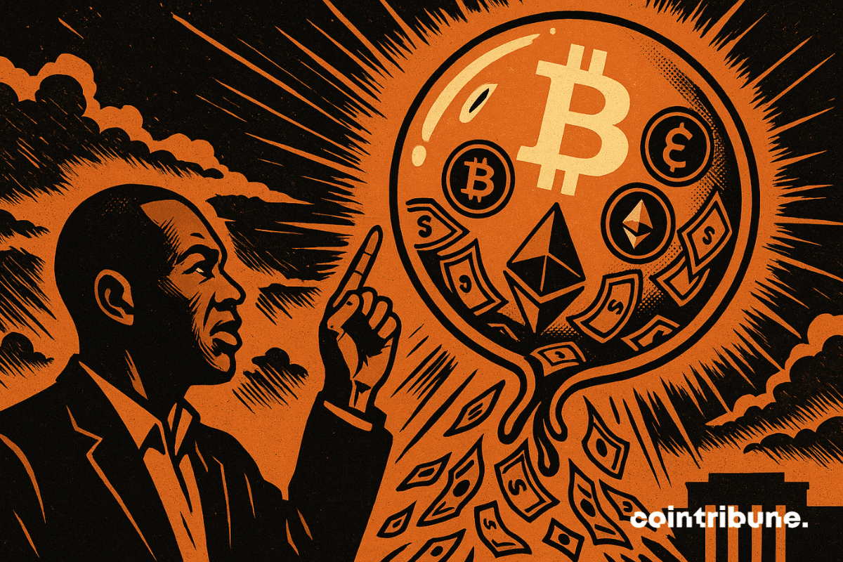 Arthur Hayes est placé au premier plan, bras levé, doigt pointé vers le ciel dans une posture de prophète ou d’avertisseur du marché crypto. Au-dessus de lui flotte une énorme bulle translucide. À l’intérieur : des logos du Bitcoin et Ethereum brillants, entourés de billets verts tourbillonnant comme s’ils gonflaient la bulle.