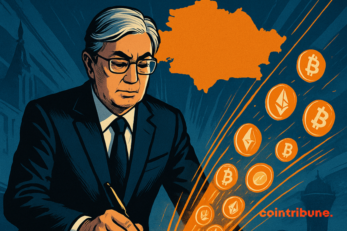 Le président signe un document, libérant des cryptomonnaies orange lumineuses sur fond de carte du Kazakhstan.