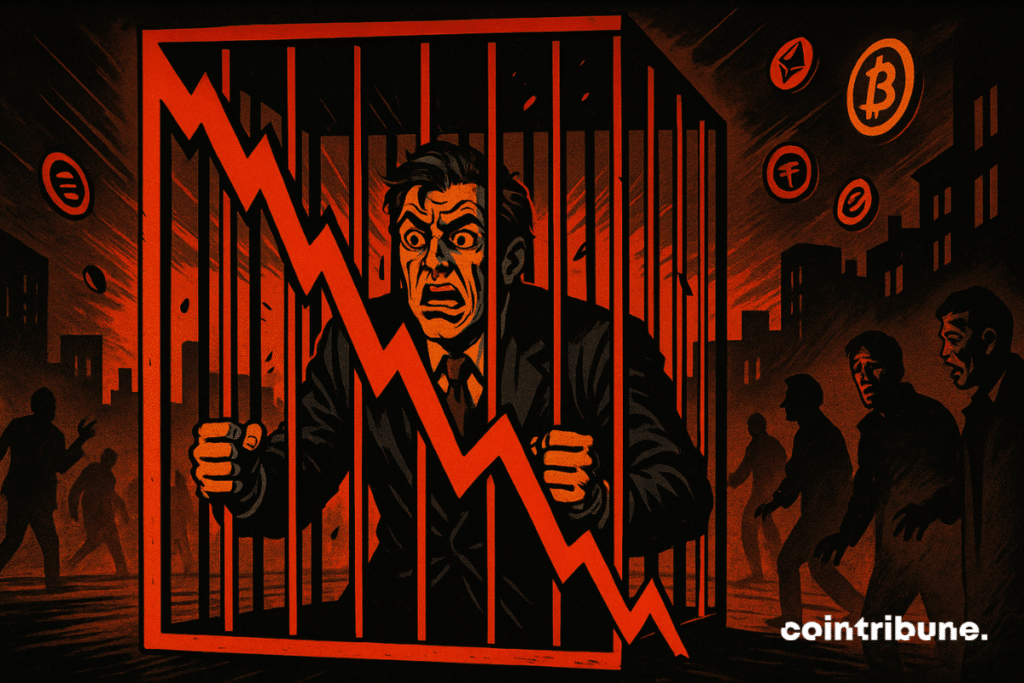 Une cage imposante composée de barres stylisées en graphiques rouges. Un investisseur crypto est enfermé à l’intérieur, symbolisant l’emprisonnement dans la peur du marché.