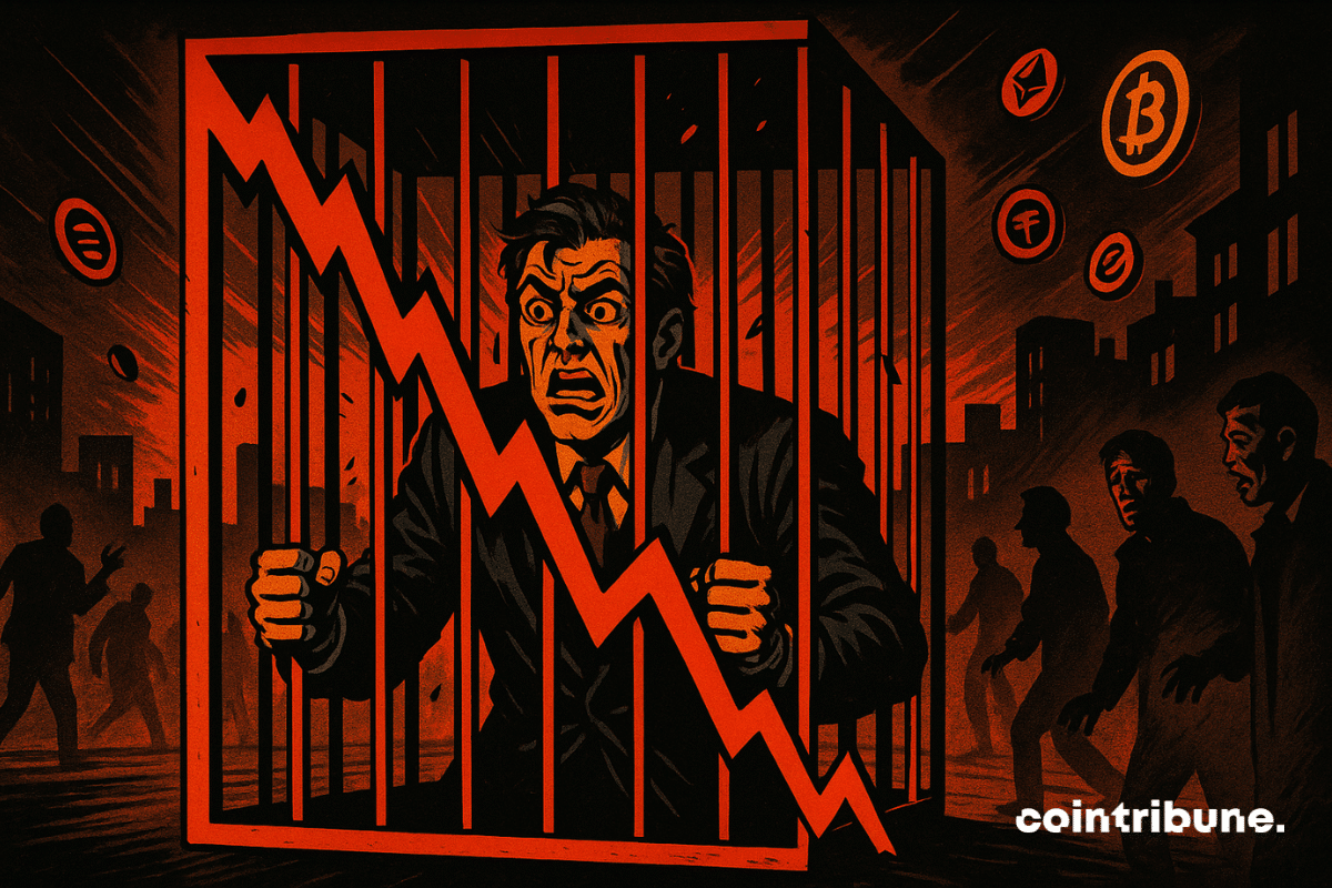 Une cage imposante composée de barres stylisées en graphiques rouges. Un investisseur crypto est enfermé à l’intérieur, symbolisant l’emprisonnement dans la peur du marché.