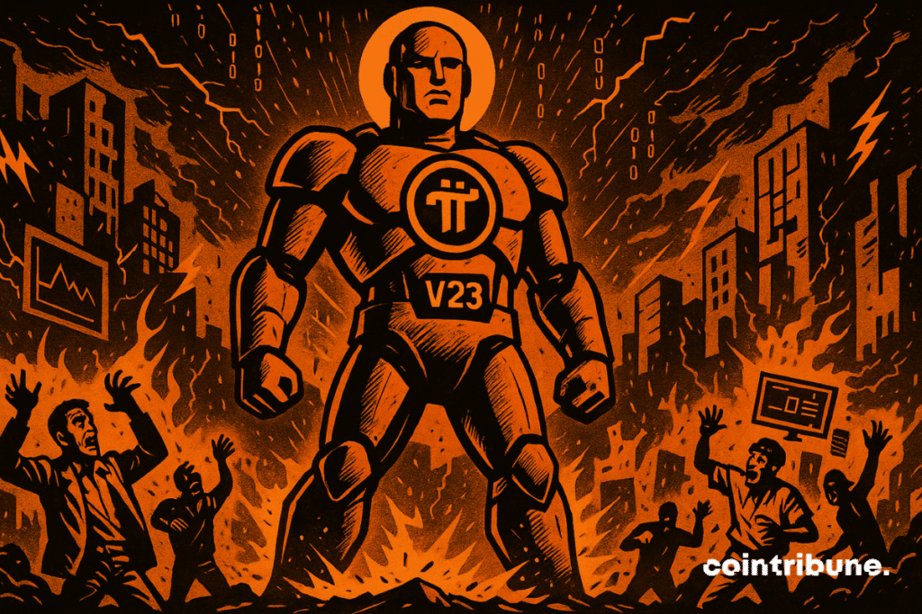 A humanoid colossus clad in shining violet armor, with a large golden Pi cryptocurrency logo embedded on its chest. On its torso, the glowing digits “V23” are inscribed. The figure stares straight ahead, motionless, like a technological marble statue.