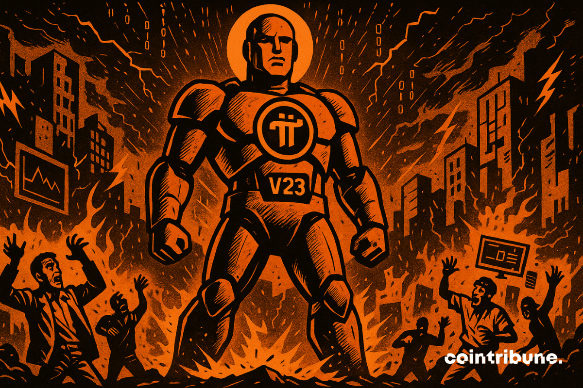 Un coloso humanoide con una armadura violeta brillante, con un gran logo dorado de la criptomoneda Pi incrustado en el pecho. En su torso está inscrito «V23» en números luminosos. El personaje mira fijamente al frente, inmóvil, como una estatua de mármol tecnológico.