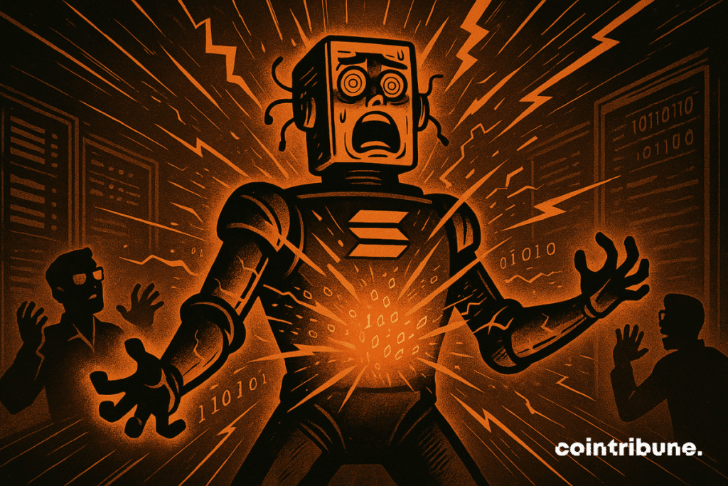 A humanoid waiter, half-machine, half-robot, dressed in a metallic chest plate engraved with the glowing logo of the Solana cryptocurrency. Its torso is open, unleashing an explosion of orange light mixed with lines of code and stylized lightning bolts — a visual symbol of the Alpenglow launch.