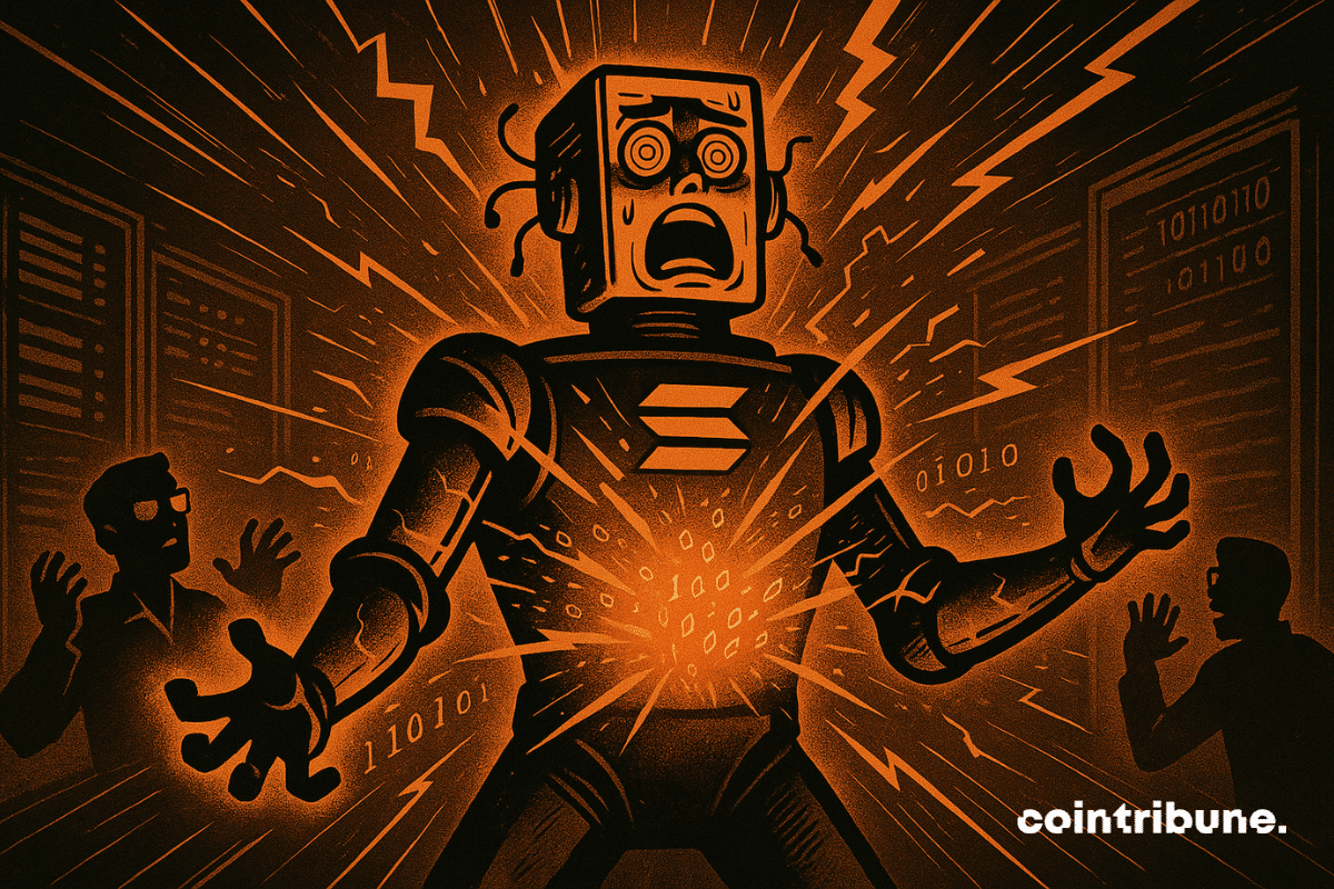 A humanoid waiter, half-machine, half-robot, dressed in a metallic chest plate engraved with the glowing logo of the Solana cryptocurrency. Its torso is open, unleashing an explosion of orange light mixed with lines of code and stylized lightning bolts — a visual symbol of the Alpenglow launch.