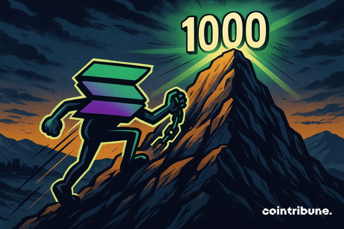 La crypto Solana anthropomorphisé en aventurier grimpe une montagne abrupte. Au sommet, le chiffre 1000 s’affiche en lettres géantes lumineuses.