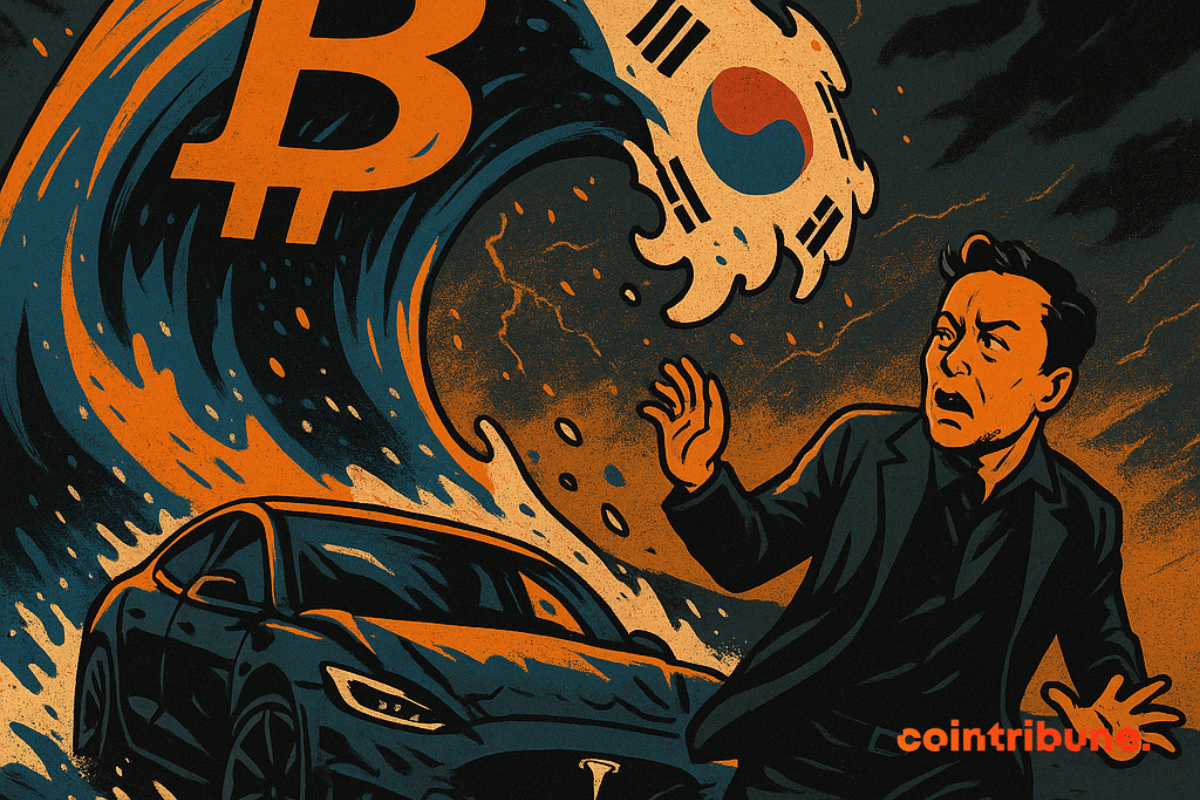 Elon Musk backs away in fear as Korean crypto wave crushes dented Tesla.