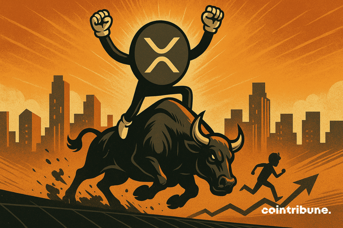 La crypto XRP anthropomorphisée, en justicier masqué, chevauche un immense taureau en pleine course.