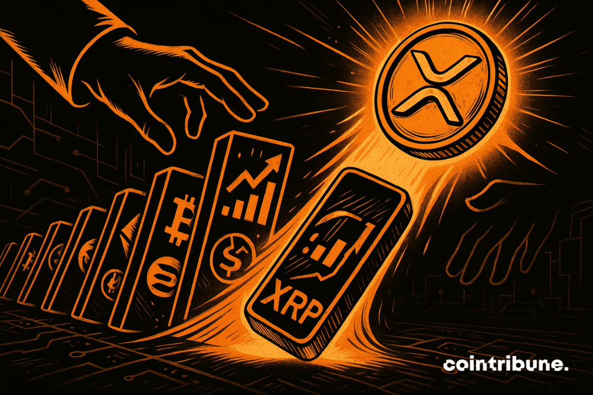 La crypto XRP représentée comme une pièce brillante stylisée, est en chute libre dans le ciel.