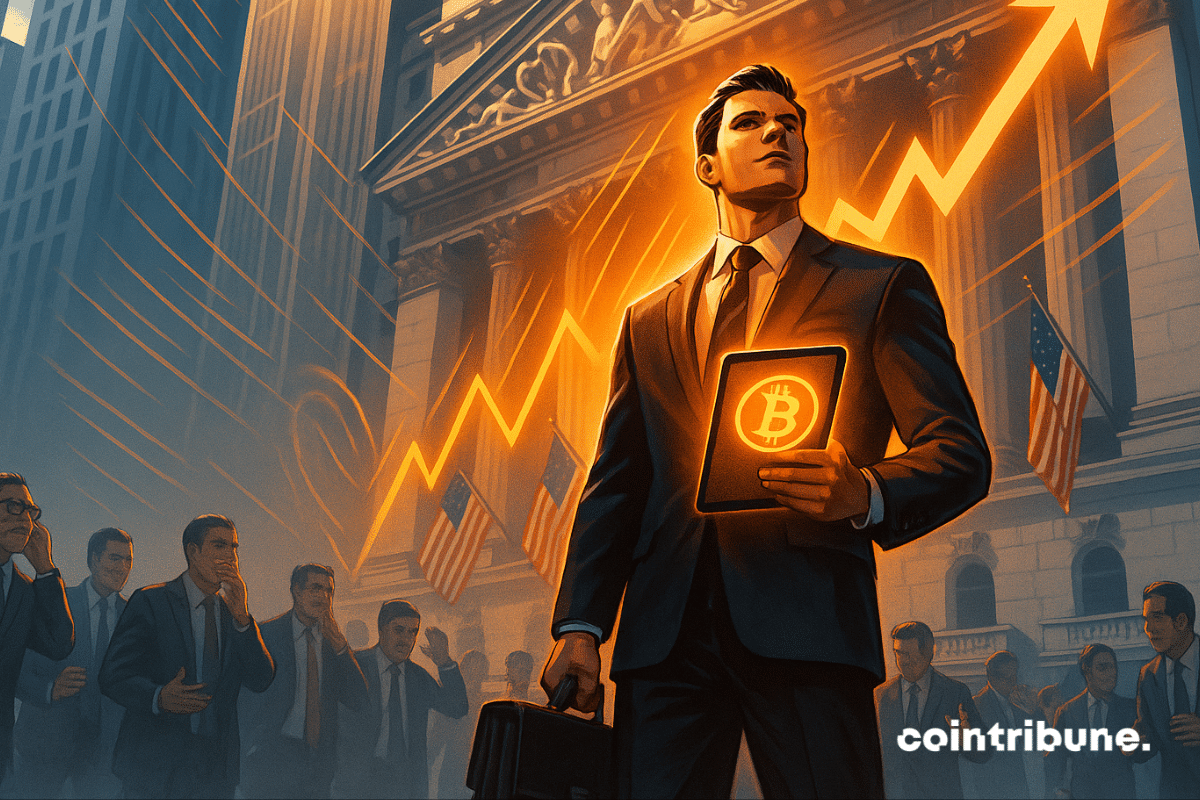 Investor holding glowing crypto tablet stands firm on Wall Street with rising chart in background.