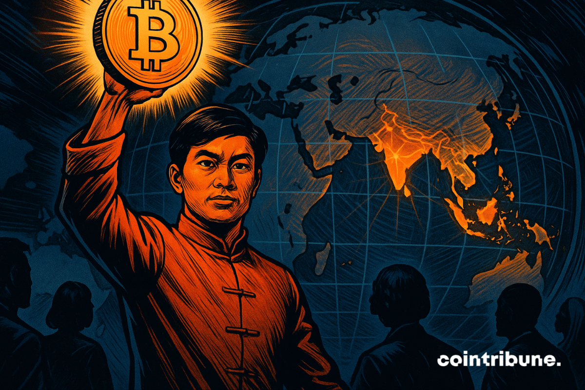Asian man holds glowing Bitcoin over APAC map in comic style, symbolizing crypto leadership.