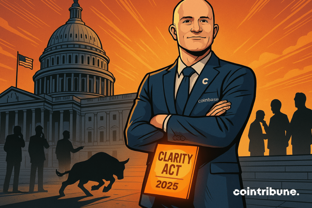 El CEO de Coinbase se muestra confiado con la Ley Clarity, mientras su sombra forma un toro que carga.