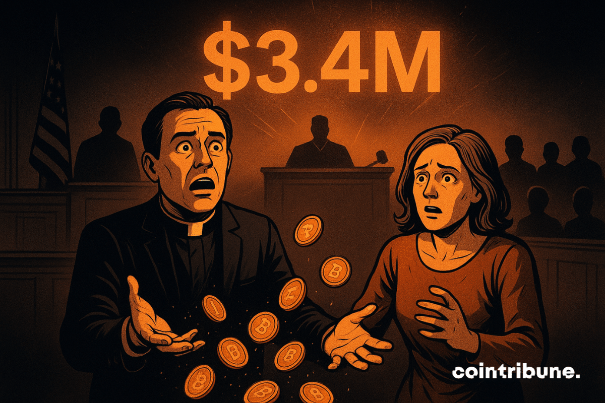 A pastor and his wife in a courtroom look shocked as orange crypto coins spill from their hands under a glowing ".4M."
