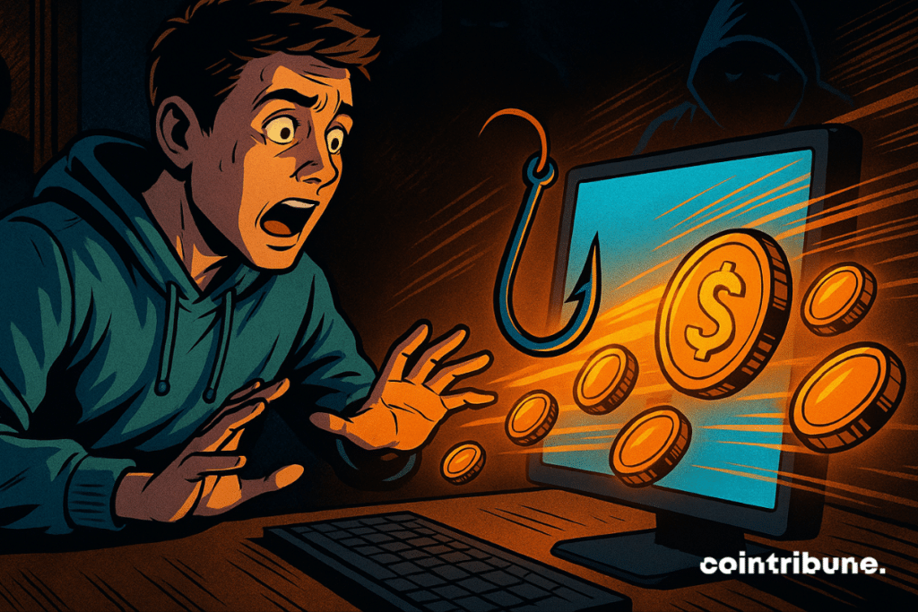 Un homme choqué voit des cryptomonnaies volées sur un écran par un phishing, un pirate informatique obscur en arrière-plan.
