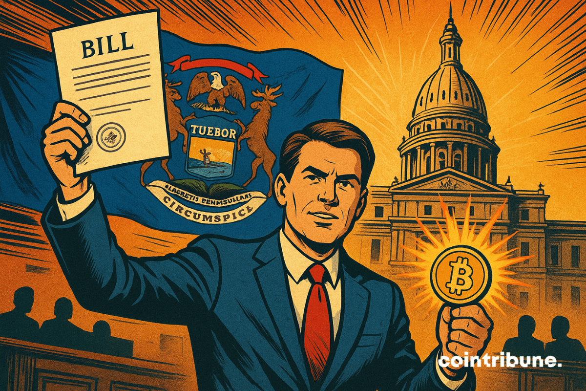 A determined politician in a blue suit holds up a bill and a glowing Bitcoin coin in front of the Michigan Capitol and state flag, illustrated in a 1970s comic book style.