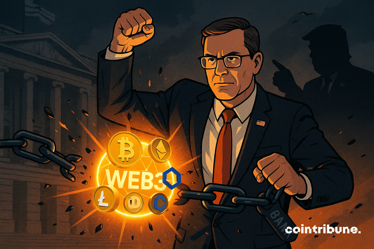A man breaks chains marked "BANK" to release a glowing "Web3" sphere filled with glowing crypto logos.