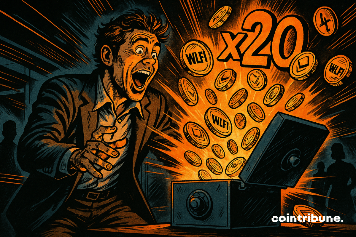 Euphoric investor opens chest, WLFI coins gush out, x20 figure floats, admiring silhouettes in background, intense and exciting atmosphere.