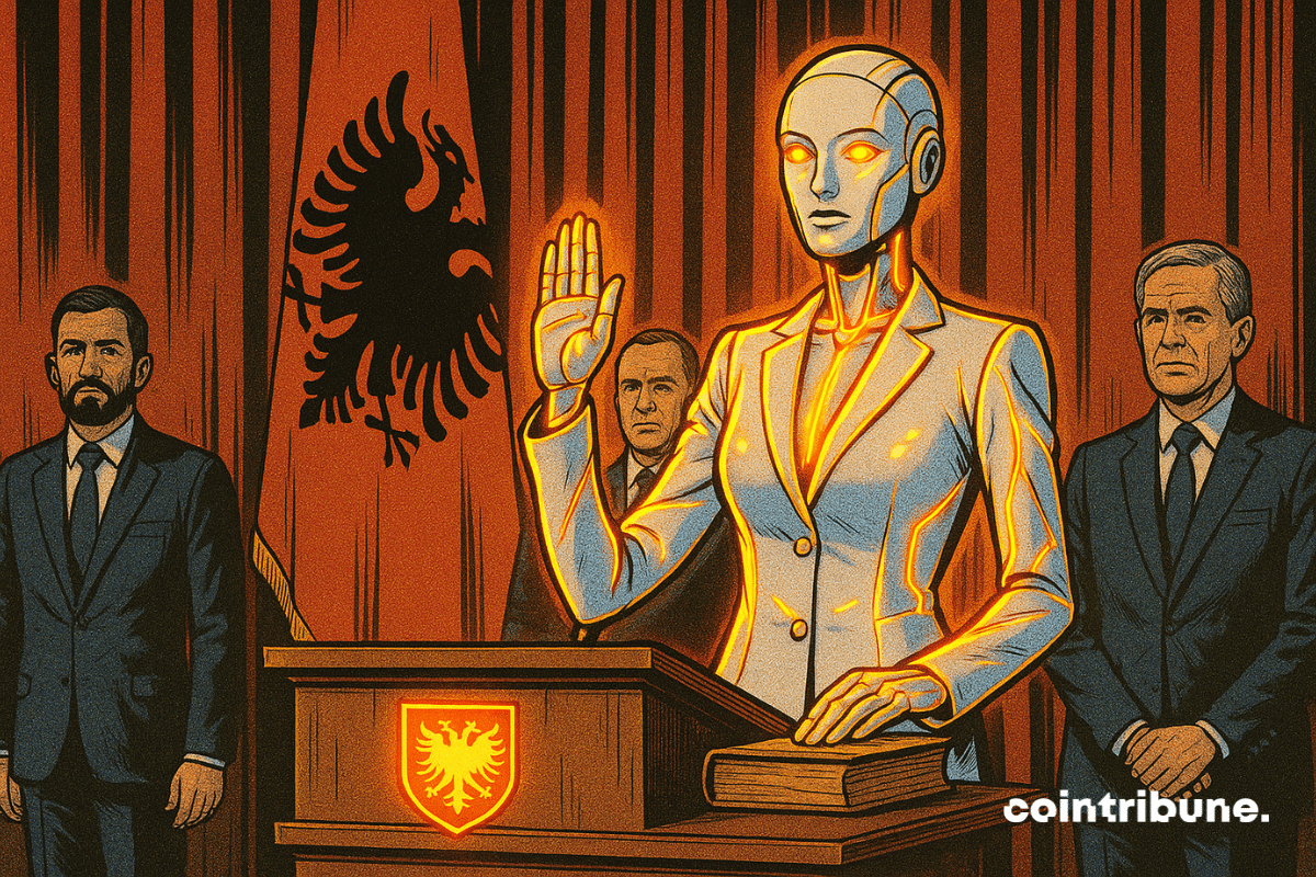 Diella, a luminous android, takes the oath of office before surprised officials, under the Albanian flag and a bright orange light.