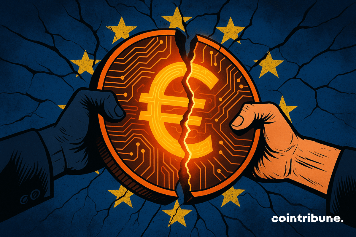 Two opposing hands tear apart a glowing digital euro coin, against the backdrop of a cracked European flag, creating a tense and dramatic atmosphere.