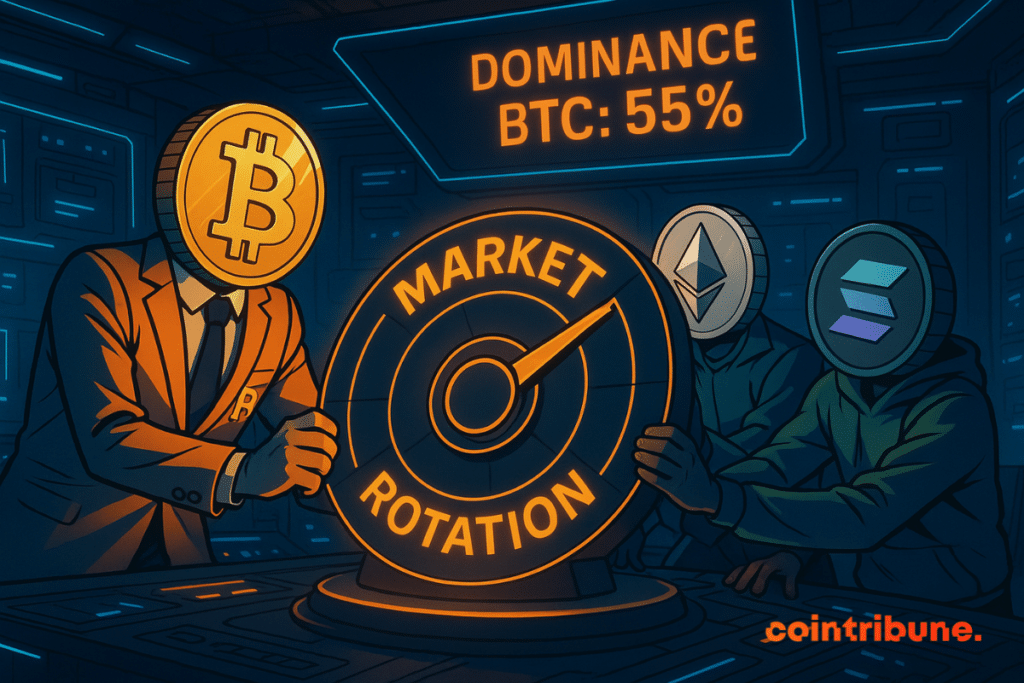 Bitcoin pierde el control de una esfera resplandeciente, mientras Ethereum y Solana intervienen, ilustrando el declive de su dominio.