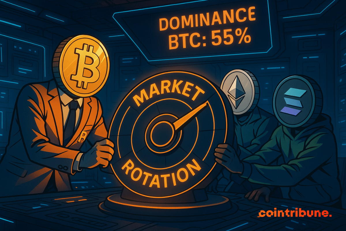 O Bitcoin perde o controle de um mostrador brilhante, enquanto Ethereum e Solana entram em cena, ilustrando o declínio de seu domínio.