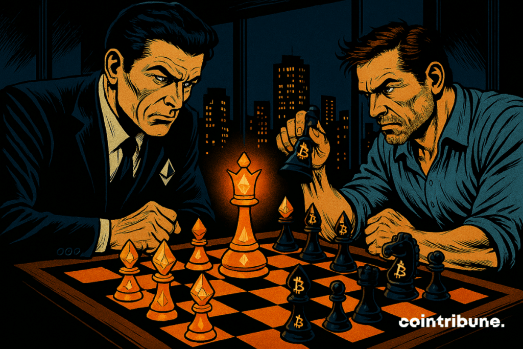Dois homens se enfrentam em uma torre escura no xadrez, Ethereum versus Bitcoin, a tensão palpável, a rainha laranja iluminada no centro.