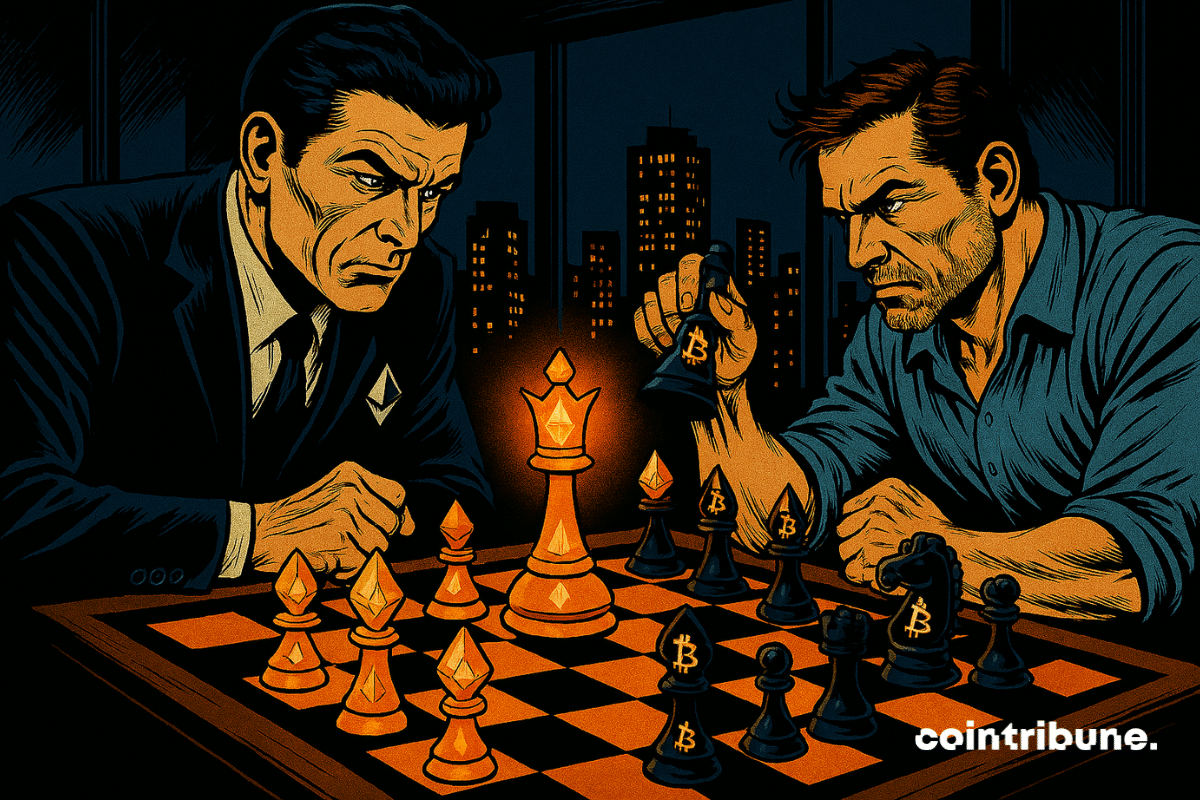 Deux hommes s’affrontent aux échecs dans une tour sombre, Ethereum contre Bitcoin, tension palpable, reine orange illuminée au centre.