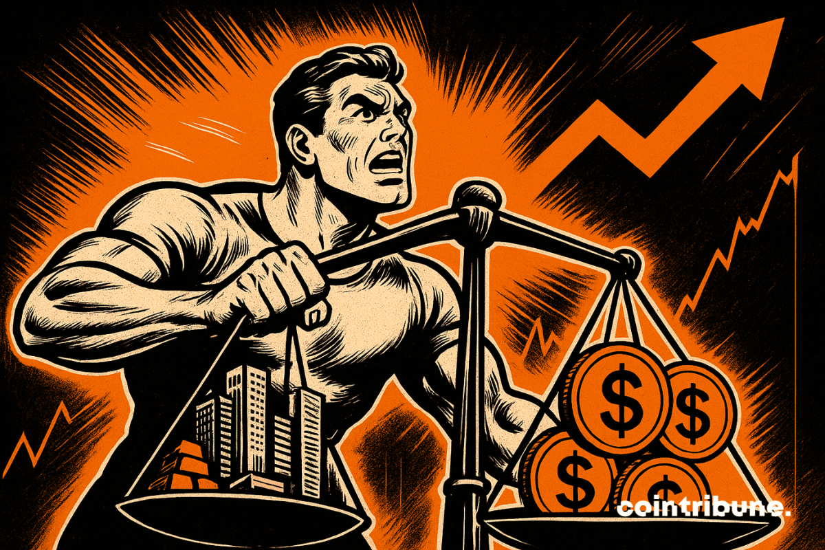 A muscular man in vintage comic style struggles to balance scales, with skyscrapers and gold bars on one side and glowing dollar coins on the other, against a dramatic orange and black background.