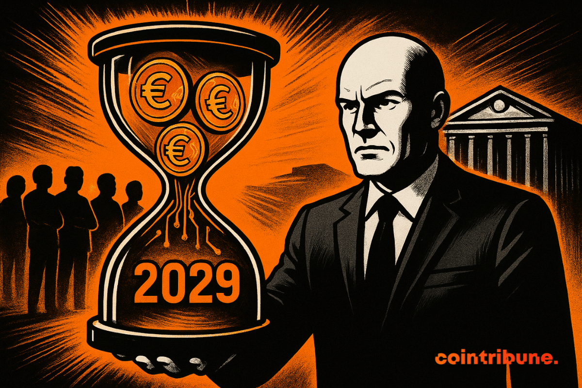 A stern official in a suit holds a glowing hourglass filled with euro coins above the date 2029, as a waiting crowd and the ECB building loom in the background.