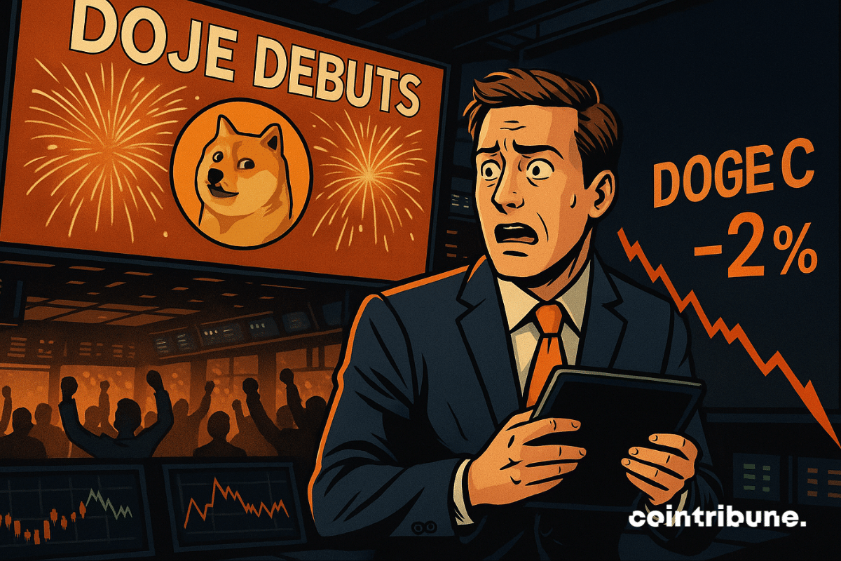 Comic-style trader panics as Dogecoin drops 2% during DOJE ETF launch with cheering crowd behind.