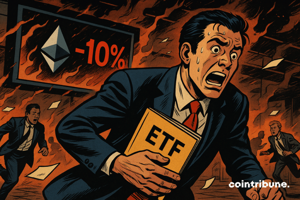 A panicked man flees a burning office, clutching an “ETF” file, while a screen displays a 10% drop.