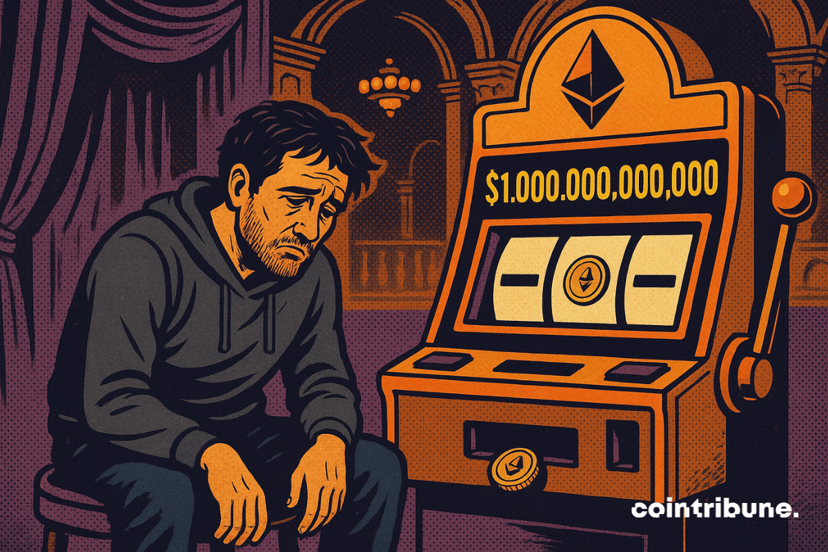Un développeur épuisé est assis devant une machine à sous Ethereum affichant un jackpot immense, dans un casino luxueux.