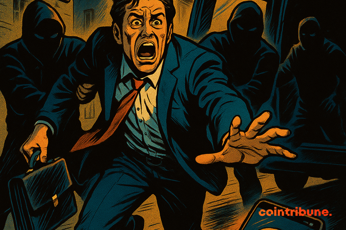 Cena dramática de um CEO de criptomoeda sequestrado em plena rua, arrastado para uma van, celular mostrando 2,3M.
