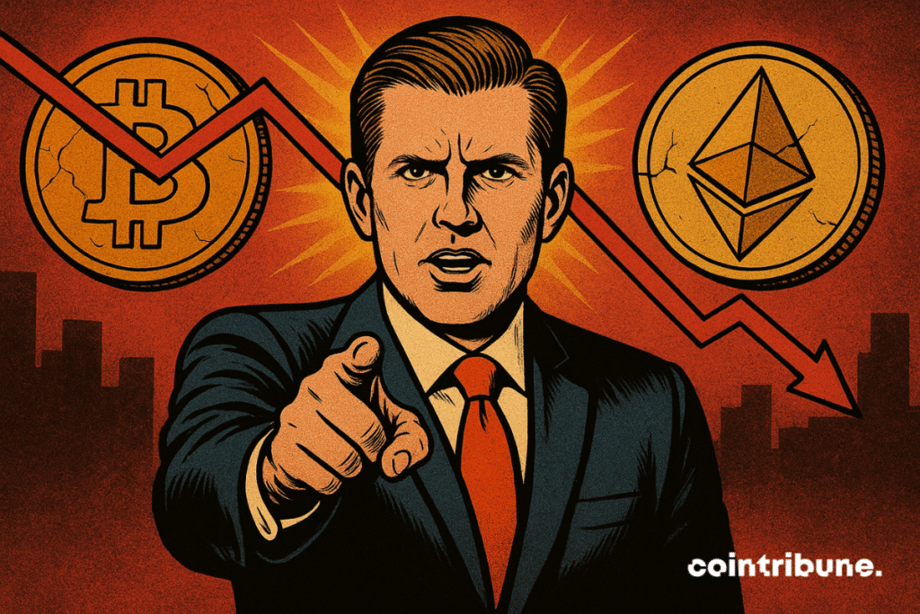 Illustration de style bande dessinée d'Eric Trump pointant vers l'avant, avec des pièces de crypto-monnaie fissurées Bitcoin et Ethereum derrière lui et une flèche rouge vers le bas.