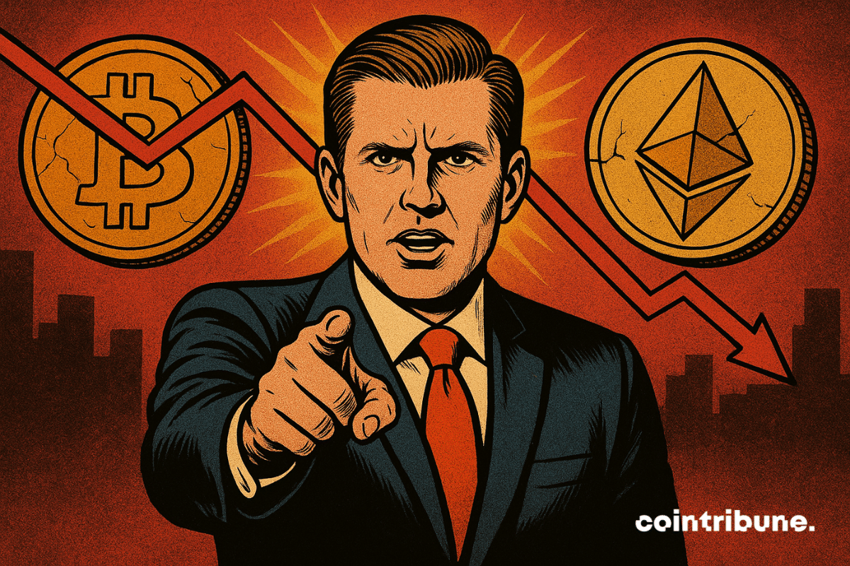 Ilustração em estilo de história em quadrinhos de Eric Trump apontando para a frente, com criptomoedas Bitcoin e Ethereum quebradas atrás dele e uma seta vermelha para baixo.
