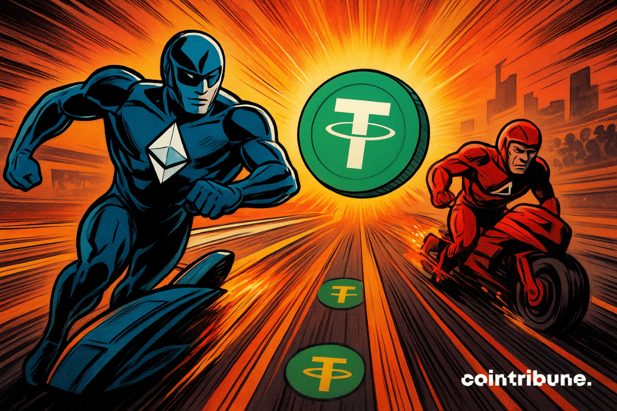 A comic-style scene of Ethereum as a superhero racing ahead of Tron on a red bike, both chasing glowing green USDT coins on a fiery orange racetrack.