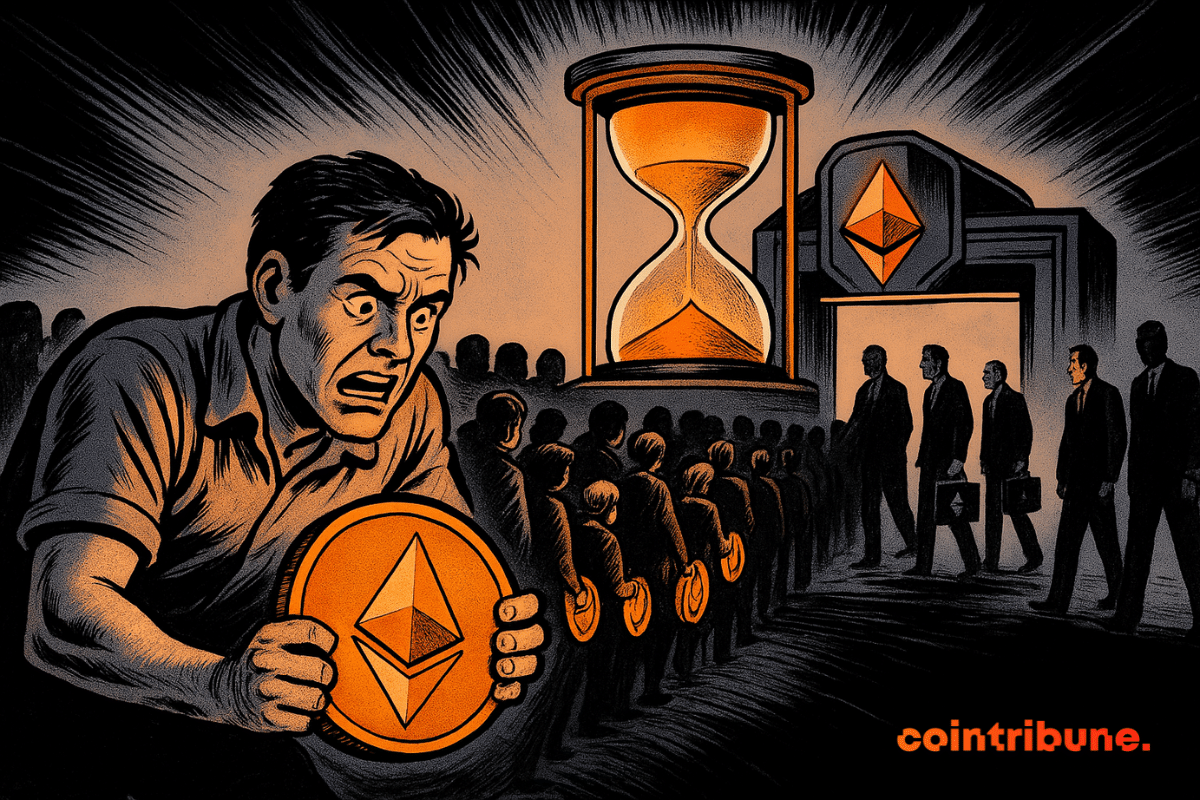 Un homme en détresse serre une pièce Ethereum brillante alors qu'il se tient dans une longue file d'attente devant une porte avec un symbole Ethereum, sous un sablier orange géant, tandis que des hommes d'affaires en costume contournent la file.