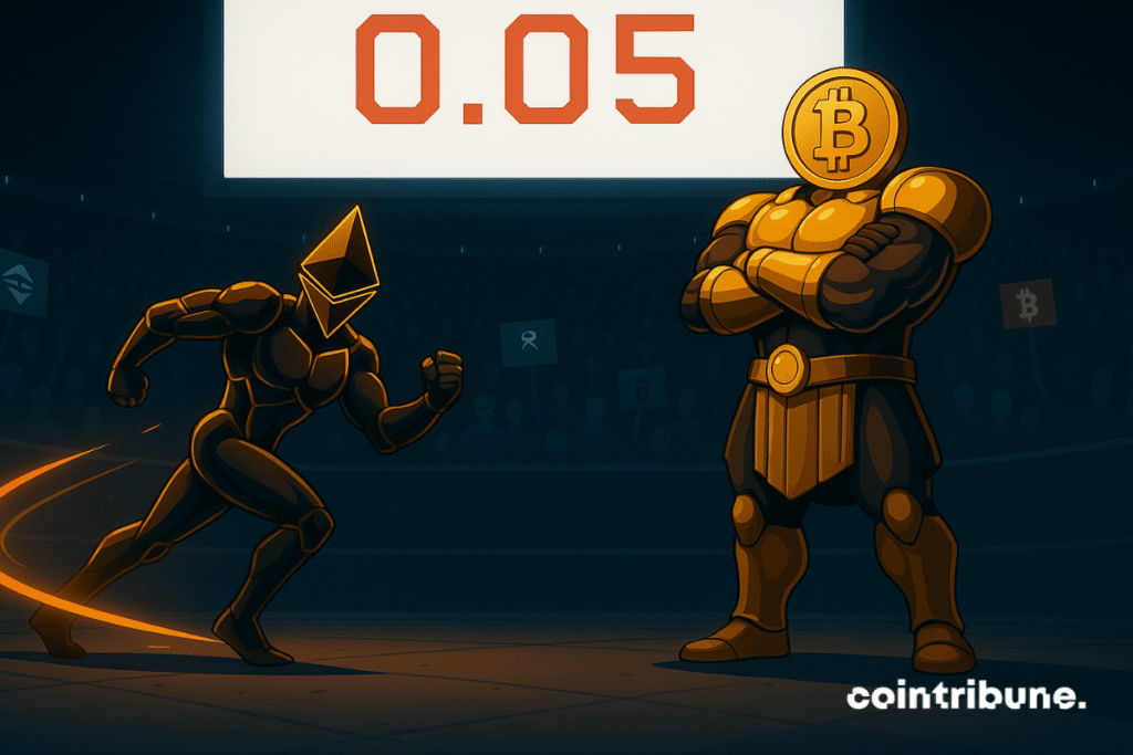 Ethereum gladiator charges at Bitcoin in a digital arena with "0.045" shown above.