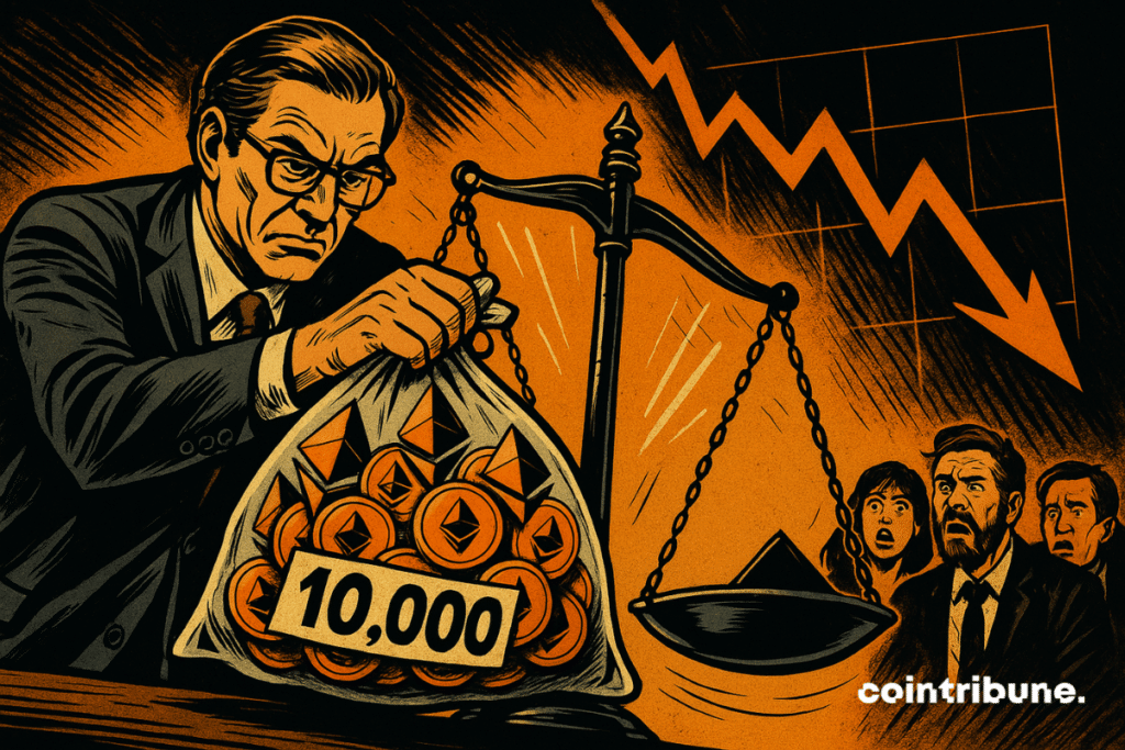 Serious executive places bag of ETH on scale, shocked spectators, downward graph in background, dramatic tension, illuminated orange crystals.