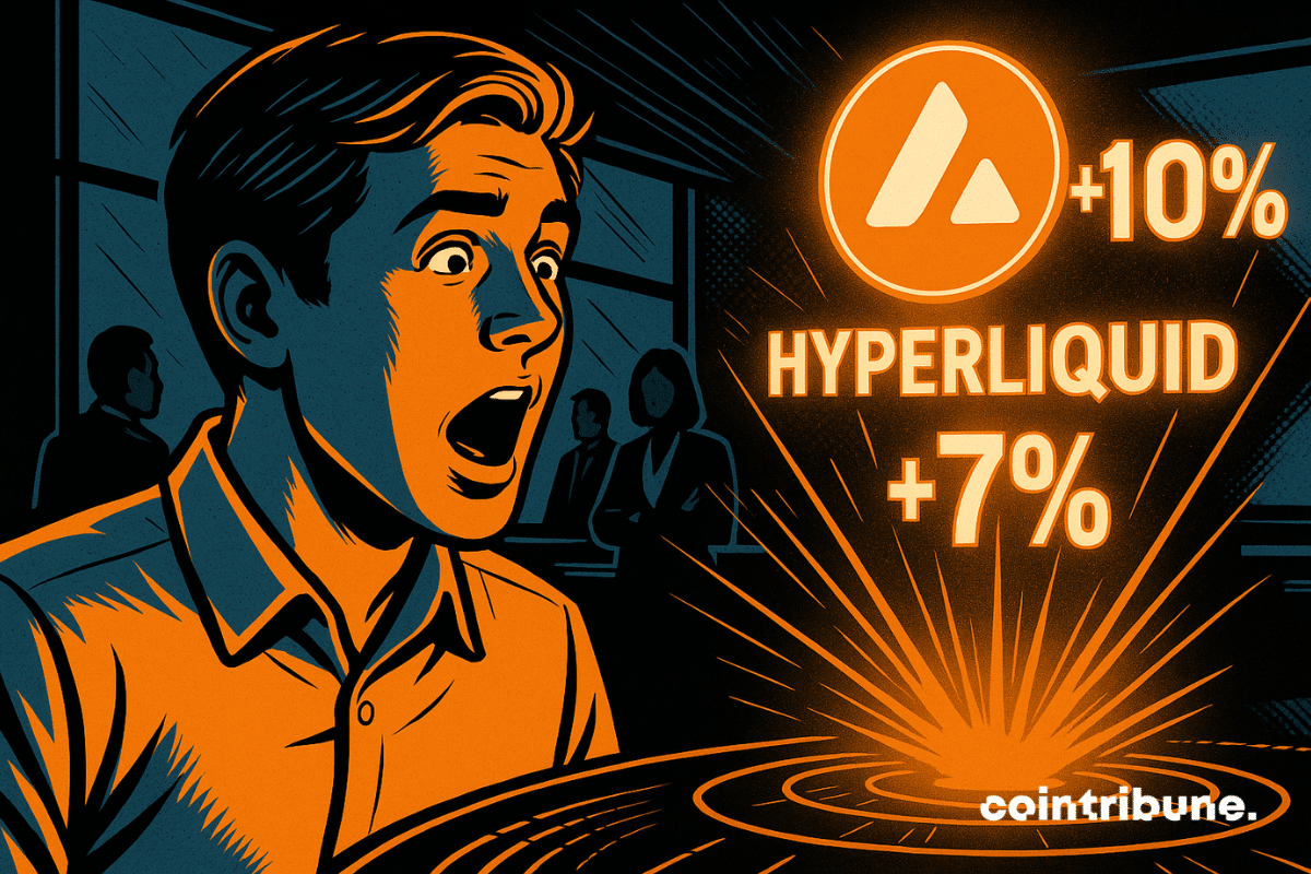Un jeune investisseur en chemise regarde un hologramme 3D projetant Avalanche (+10 %) et Hyperliquid (+7 %), ce qui symbolise le rebond des altcoins après la baisse des taux de la Fed.