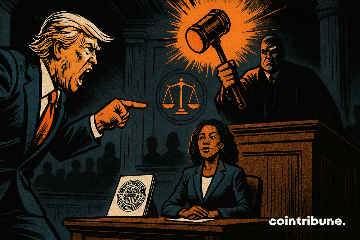 Em uma sala de tribunal, Trump está de pé, apontando o dedo para Lisa Cook, com o rosto vermelho de raiva. Lisa Cook está sentada calmamente, com uma pasta marcada “Fed” à sua frente. Um juiz imponente, com o martelo levantado, tenta interromper a ação do presidente americano.