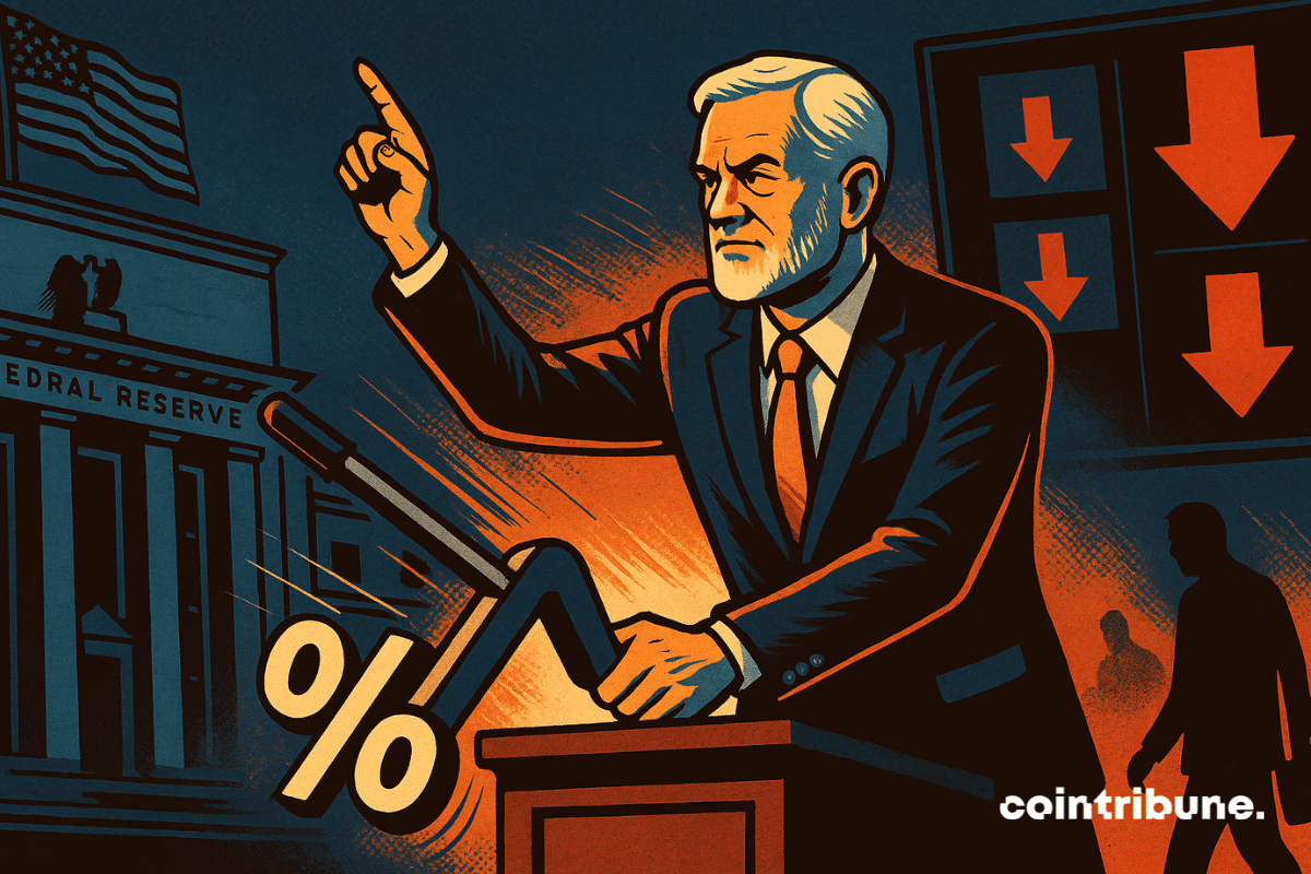Christopher Waller, gouverneur de la Fed, est en posture debout, bras levé comme pour voter. Il abaisse un gigantesque levier marqué « % » vers le sol, ce qui symbolise la réduction des taux.