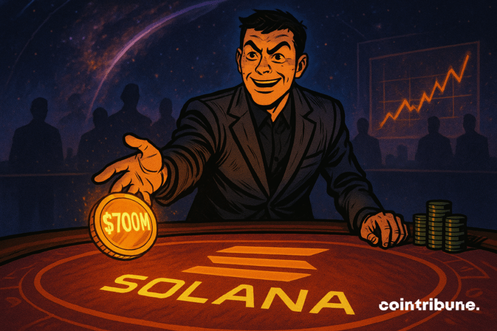 Un homme mise 700M$ dans un casino spatial, confiant, devant une table Solana illuminée, sous un ciel galactique.