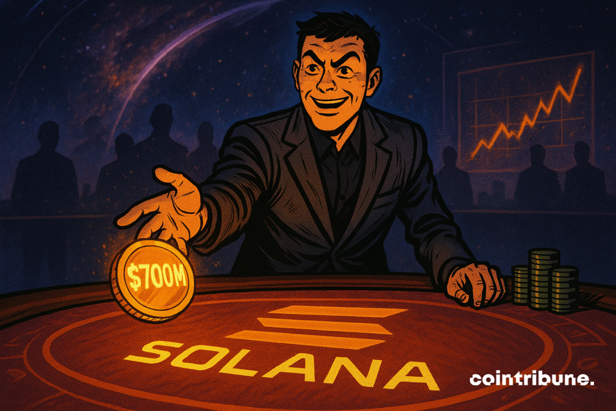 Um homem aposta confiantemente US$ 700 milhões em um cassino espacial em uma mesa iluminada de Solana sob um céu galáctico.