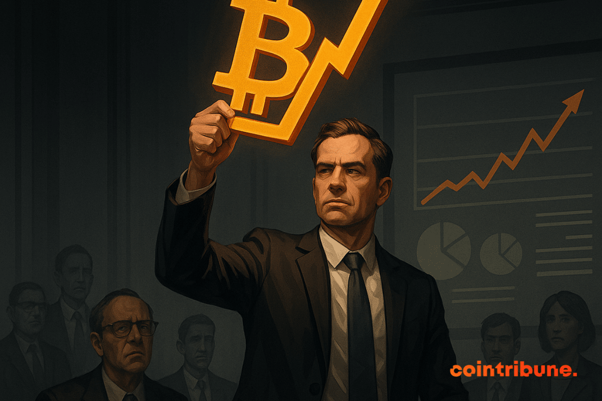 Un PDG brandit un symbole Bitcoin lumineux devant des analystes, sur fond de graphiques financiers en hausse.
