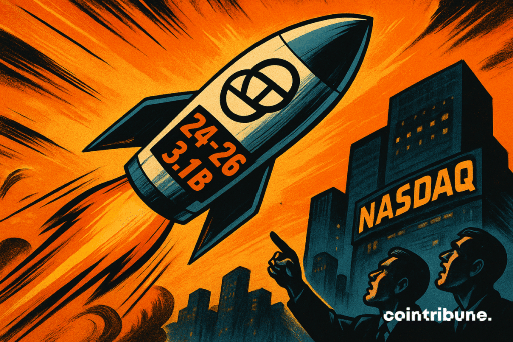Un cohete estilo cómic retro de los años 70, marcado con el logotipo de Gemini y los números “24–26” y “3.1B”, se eleva sobre una ciudad con la torre Nasdaq.
