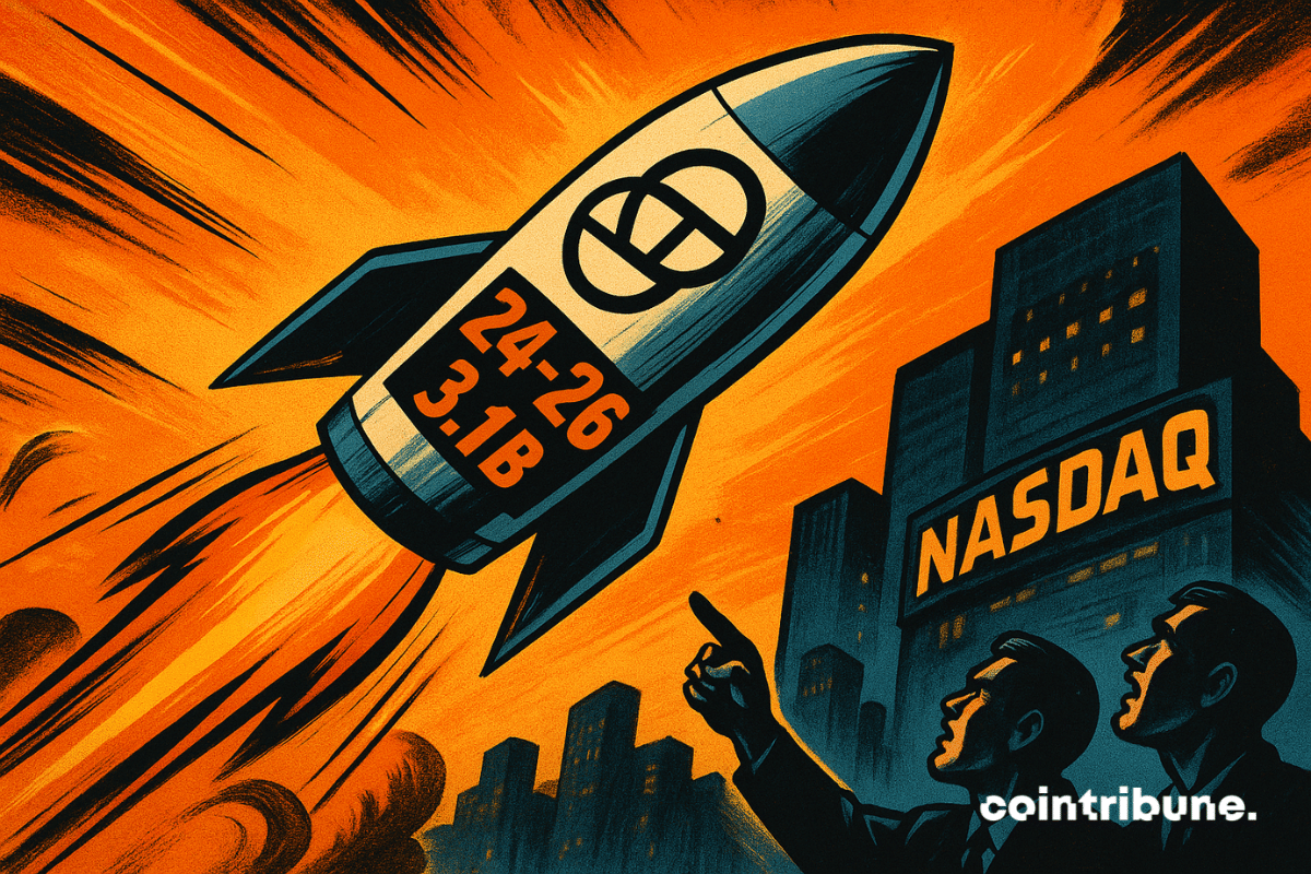 Um foguete retrô estilo história em quadrinhos dos anos 70, marcado com o logotipo da Gemini e os números "24–26" e "3.1B", dispara para cima sobre uma cidade com a torre Nasdaq.