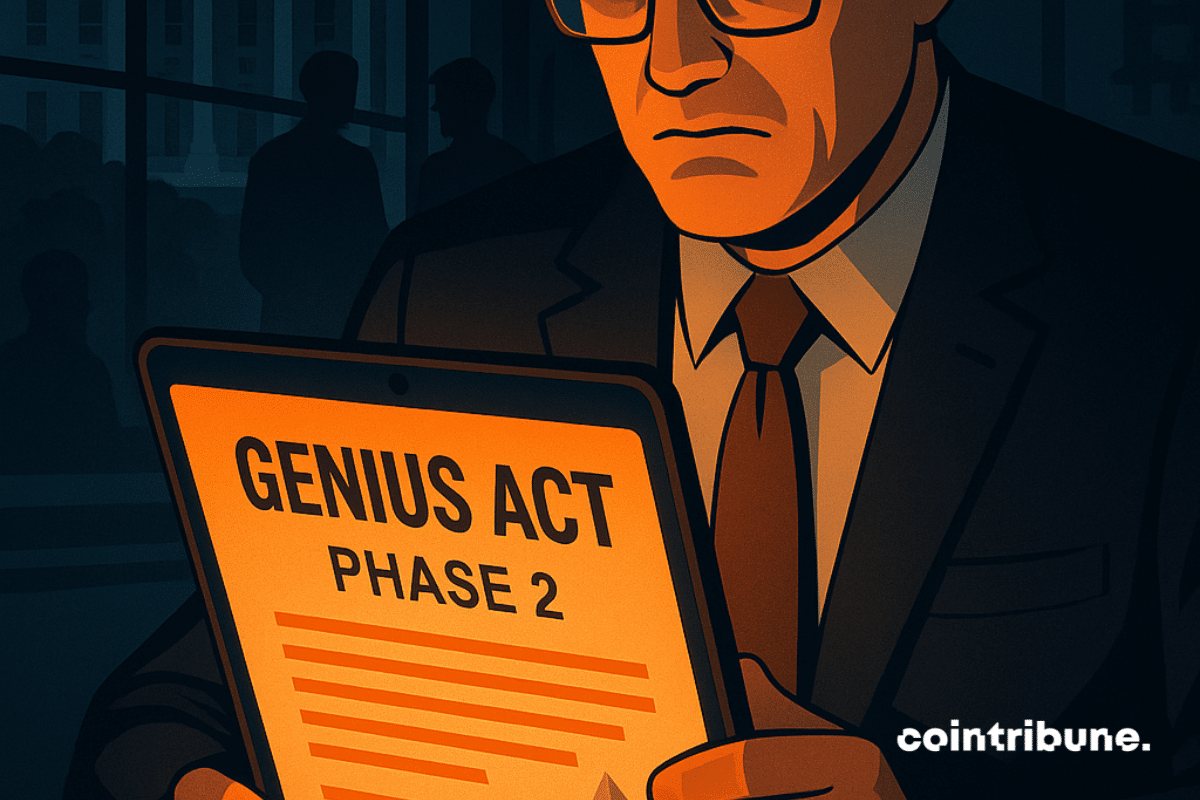 Un agente gubernamental examina una tableta que muestra "Genius Act Phase 2", iluminada por un resplandor anaranjado inquietante.